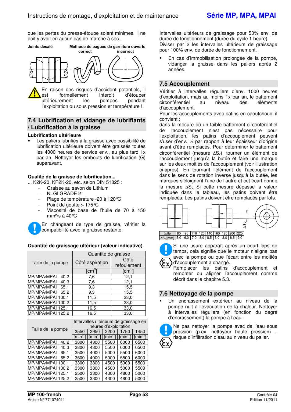 Série mp, mpa, mpai, 5 accouplement, 6 nettoyage de la pompe | Xylem MPAI User Manual | Page 57 / 135
