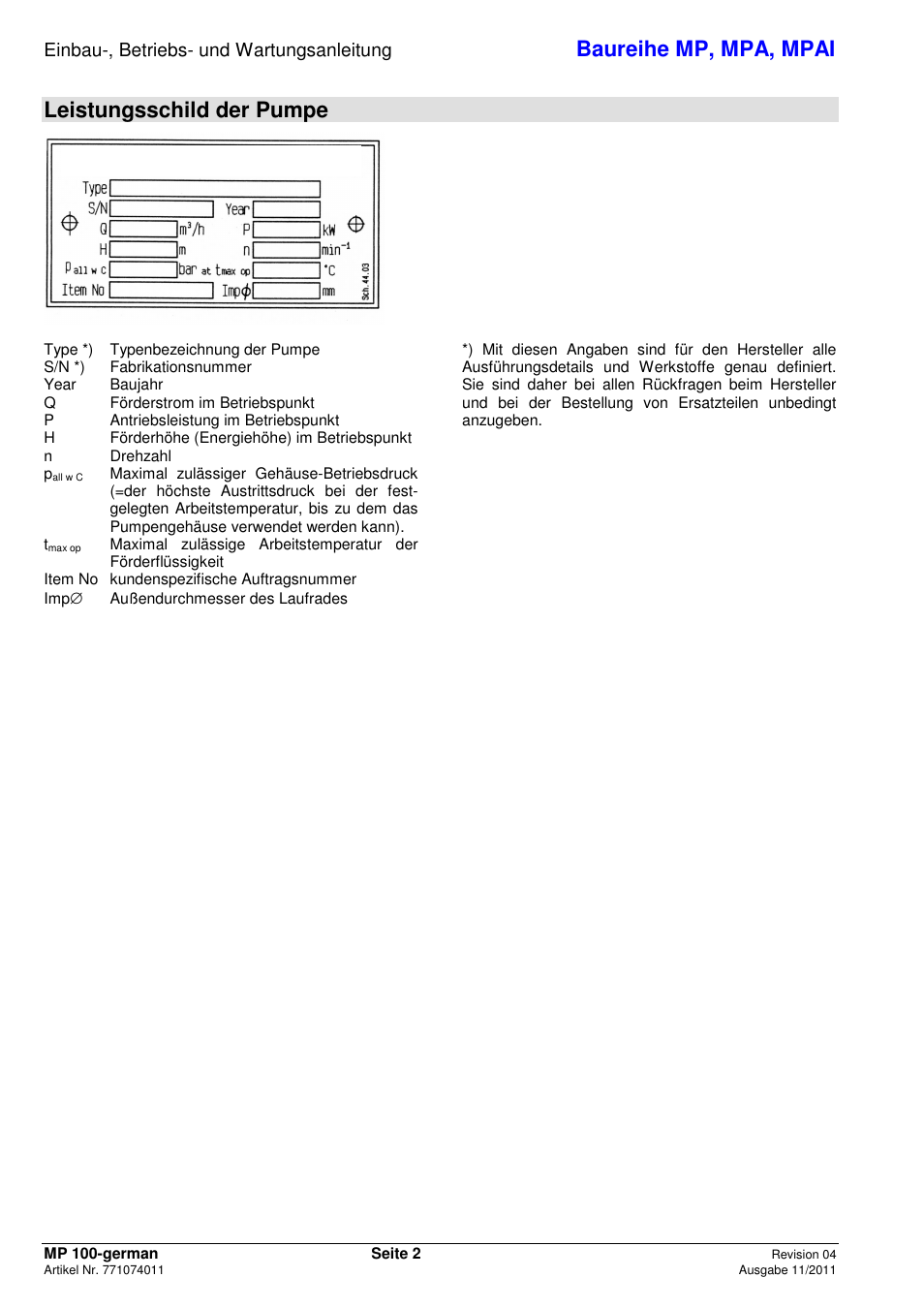 Baureihe mp, mpa, mpai, Leistungsschild der pumpe, Einbau-, betriebs- und wartungsanleitung | Xylem MPAI User Manual | Page 6 / 135