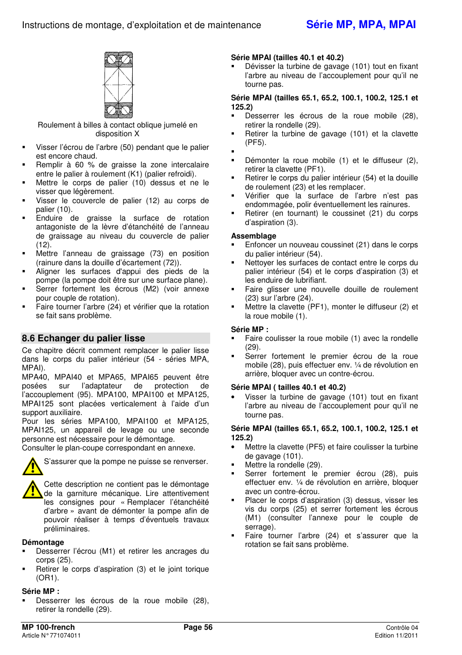 Série mp, mpa, mpai, 6 echanger du palier lisse | Xylem MPAI User Manual | Page 60 / 135