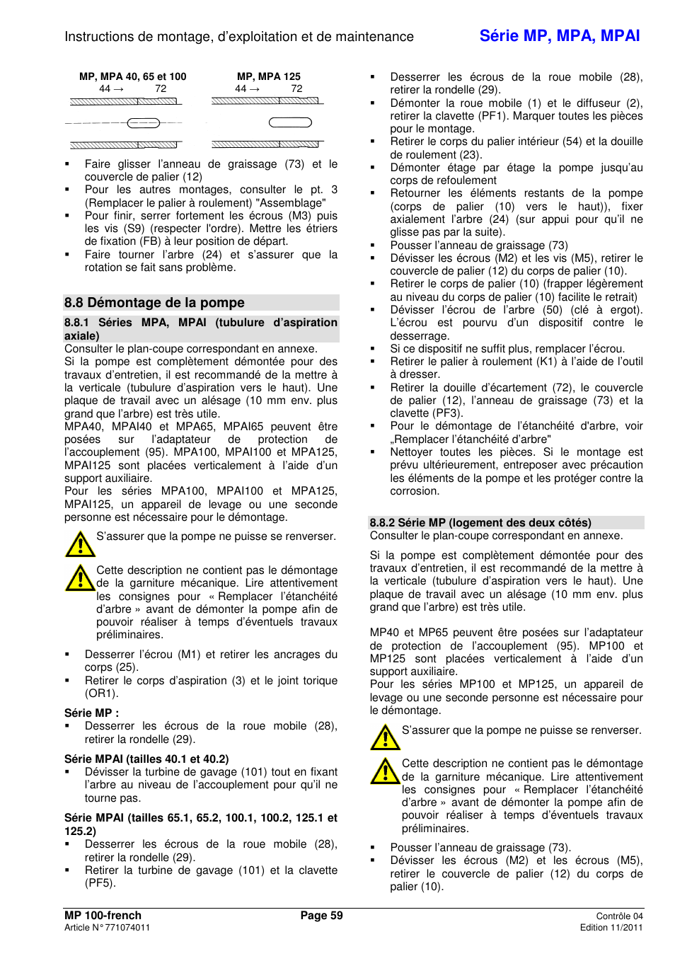 Série mp, mpa, mpai, 8 démontage de la pompe | Xylem MPAI User Manual | Page 63 / 135