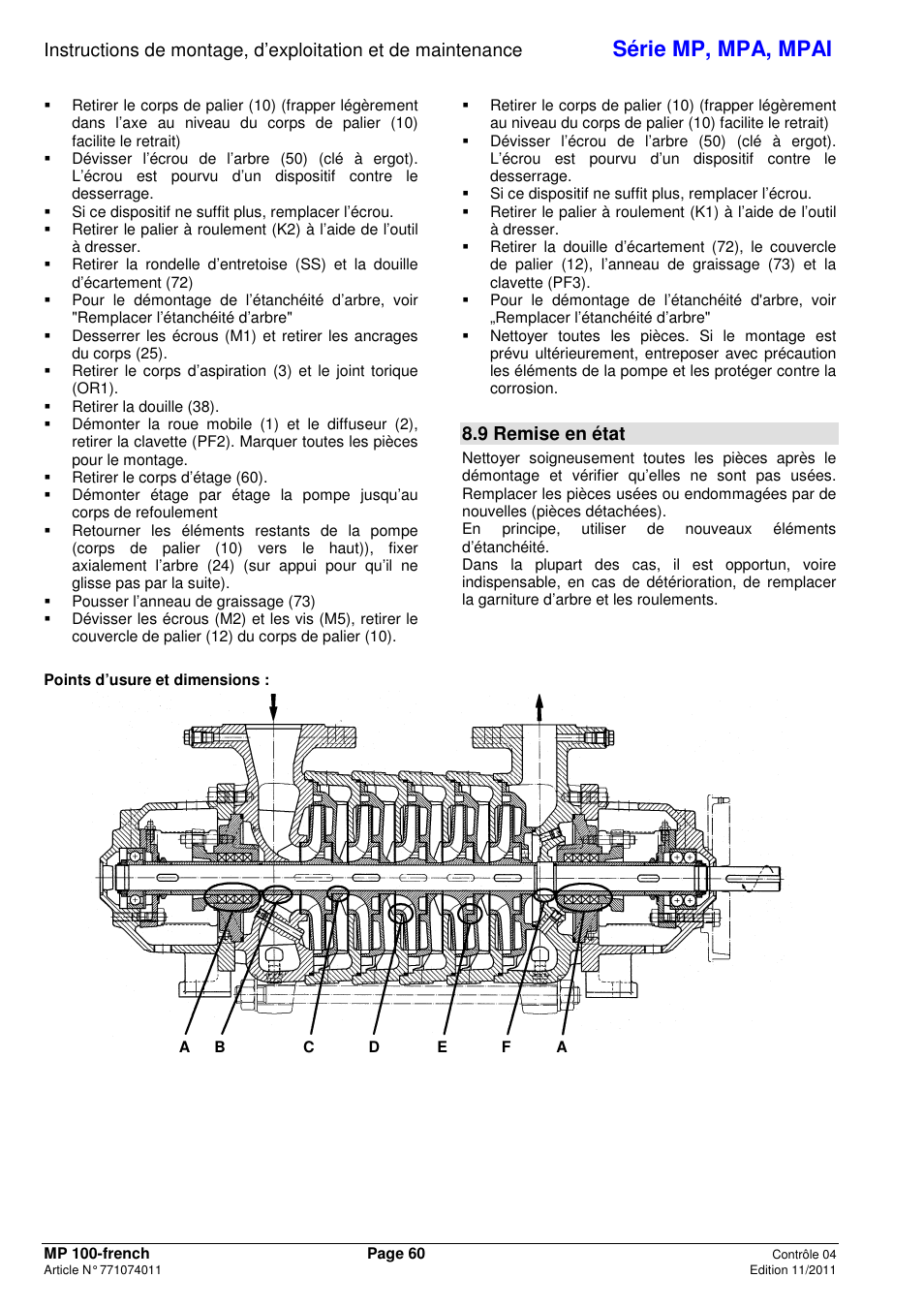 Série mp, mpa, mpai, 9 remise en état | Xylem MPAI User Manual | Page 64 / 135