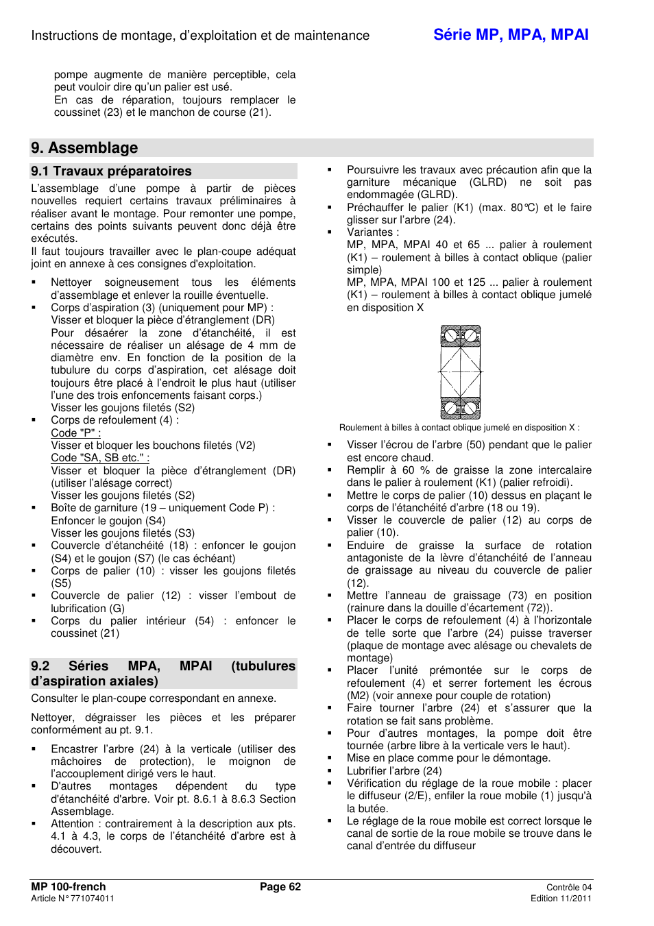 Série mp, mpa, mpai, Assemblage, 1 travaux préparatoires | Xylem MPAI User Manual | Page 66 / 135