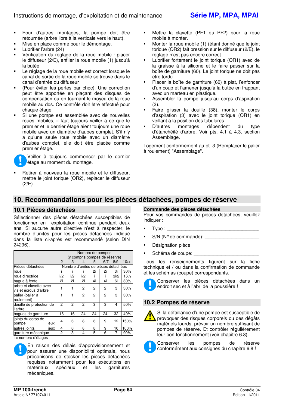 Série mp, mpa, mpai, 1 pièces détachées, 2 pompes de réserve | Xylem MPAI User Manual | Page 68 / 135