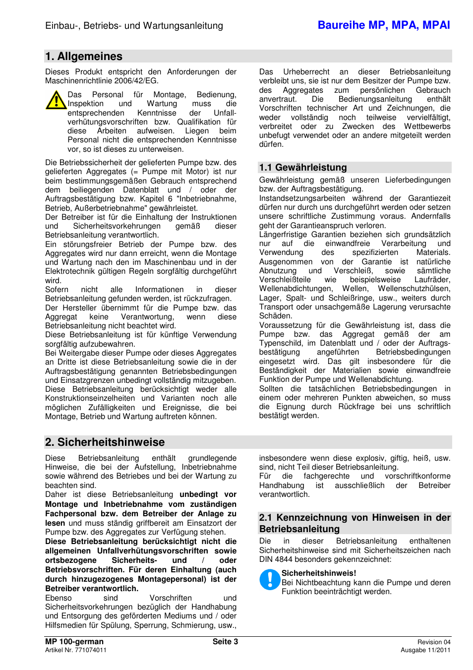 Baureihe mp, mpa, mpai, Allgemeines, Sicherheitshinweise | Einbau-, betriebs- und wartungsanleitung, 1 gewährleistung | Xylem MPAI User Manual | Page 7 / 135