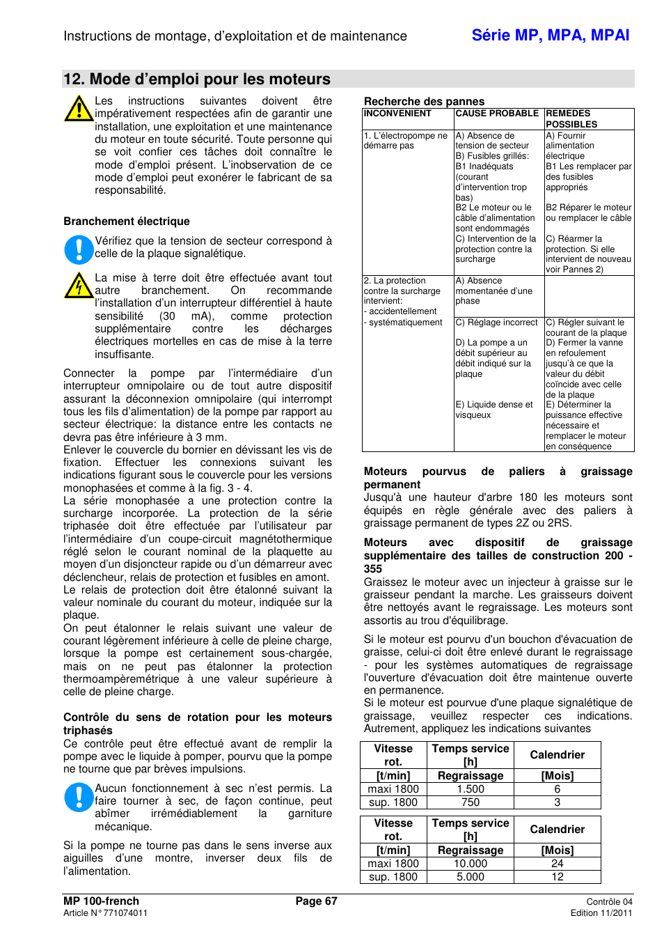 Série mp, mpa, mpai, Mode d’emploi pour les moteurs | Xylem MPAI User Manual | Page 71 / 135