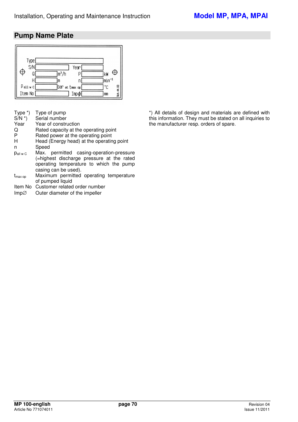 Model mp, mpa, mpai, Pump name plate | Xylem MPAI User Manual | Page 74 / 135