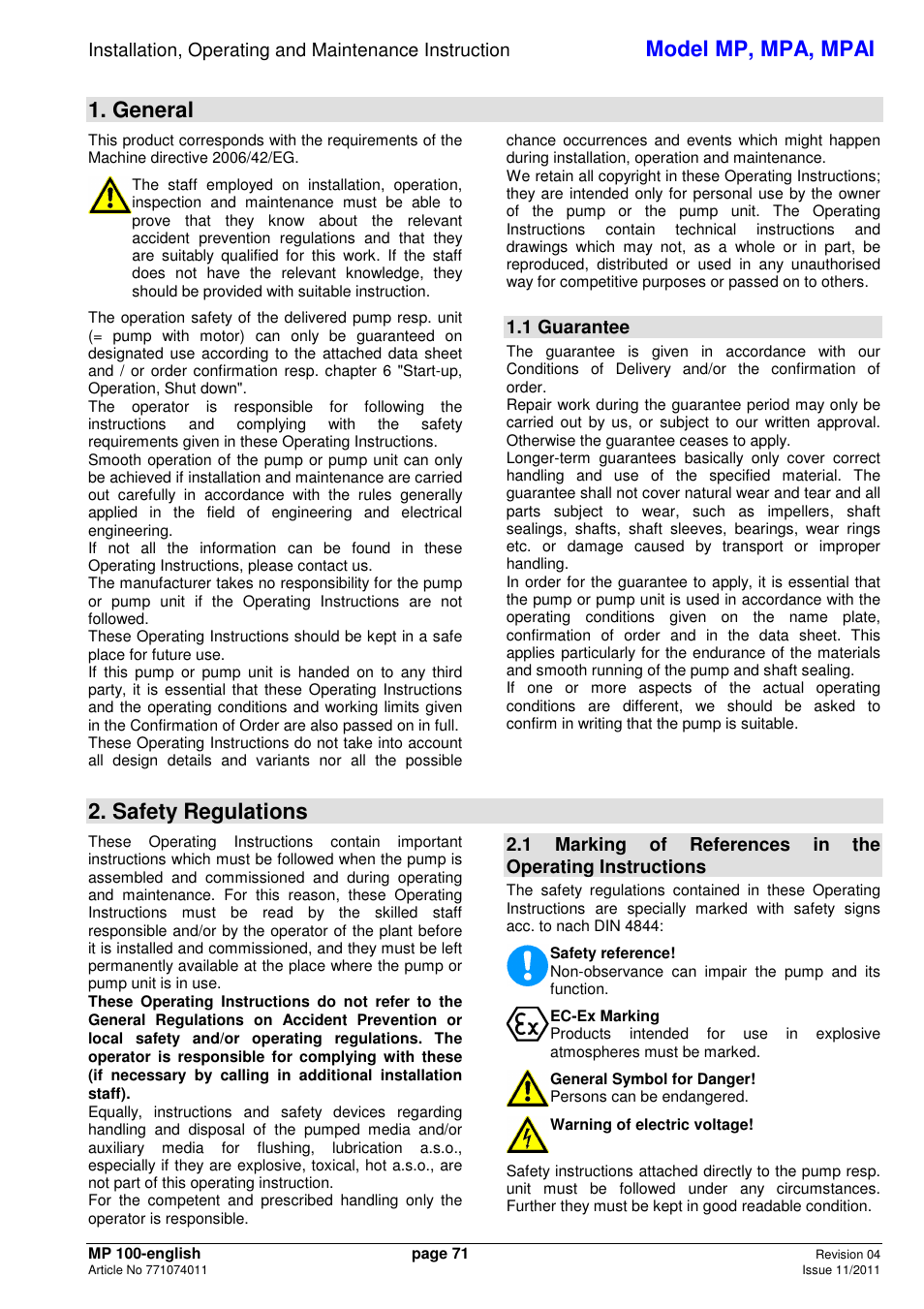Model mp, mpa, mpai, General, Safety regulations | 1 guarantee | Xylem MPAI User Manual | Page 75 / 135