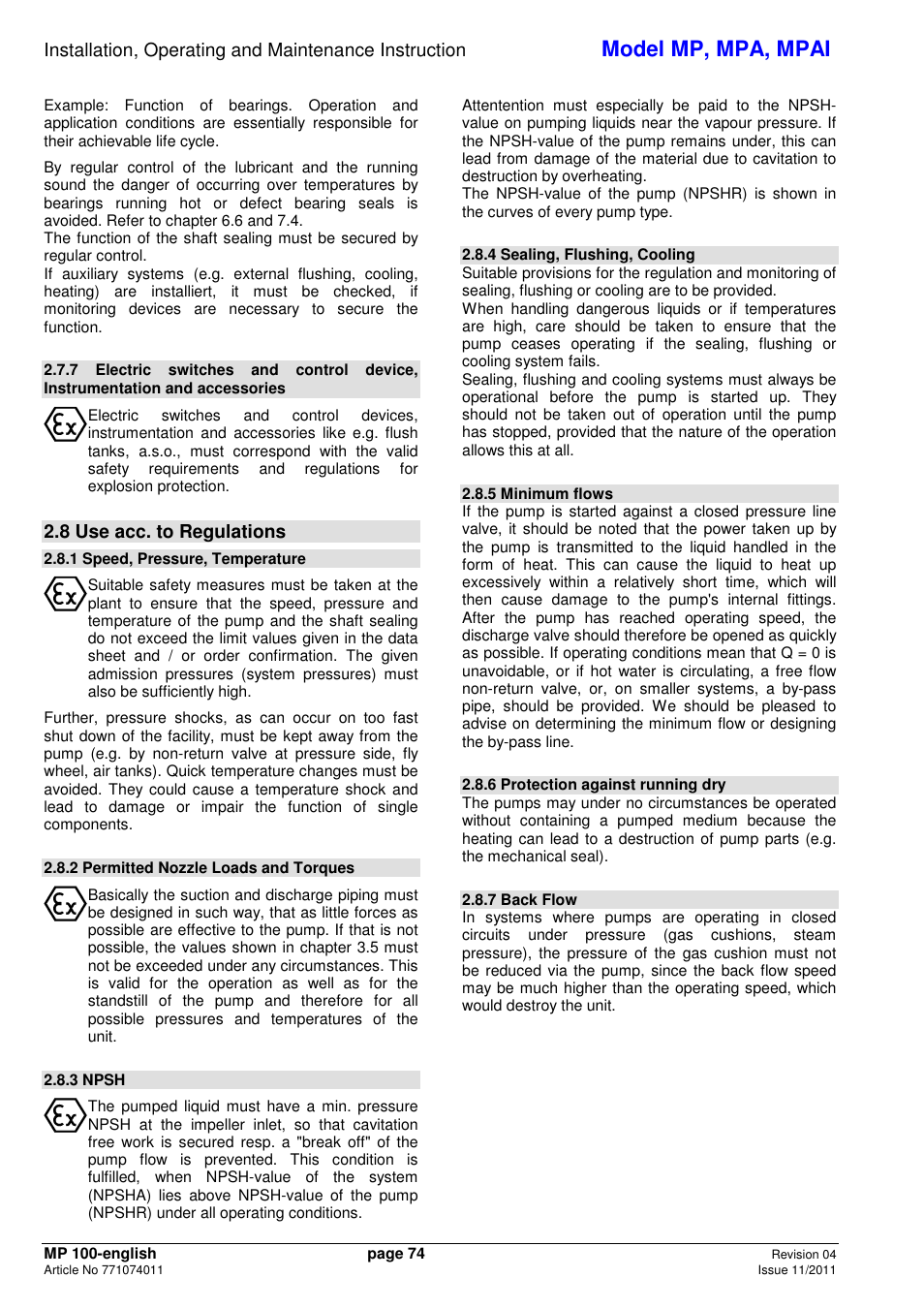 Model mp, mpa, mpai, 8 use acc. to regulations | Xylem MPAI User Manual | Page 78 / 135