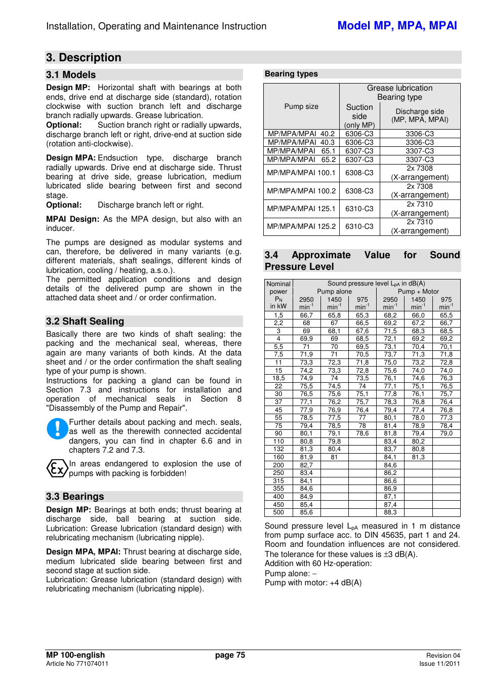 Model mp, mpa, mpai, Description, 1 models | 2 shaft sealing, 3 bearings, 4 approximate value for sound pressure level | Xylem MPAI User Manual | Page 79 / 135