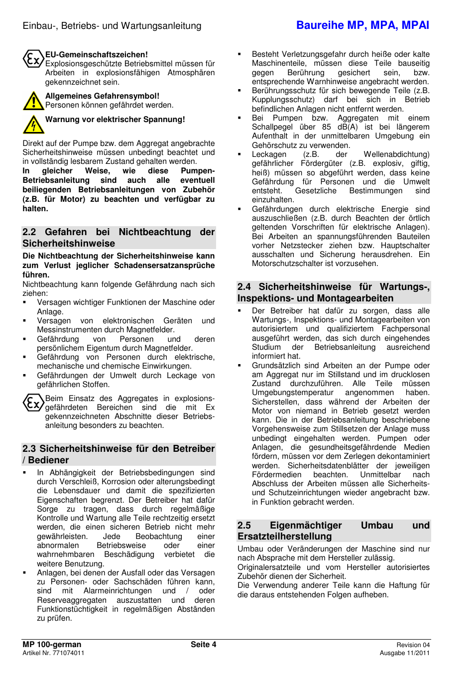 Baureihe mp, mpa, mpai, Einbau-, betriebs- und wartungsanleitung, 3 sicherheitshinweise für den betreiber / bediener | 5 eigenmächtiger umbau und ersatzteilherstellung | Xylem MPAI User Manual | Page 8 / 135