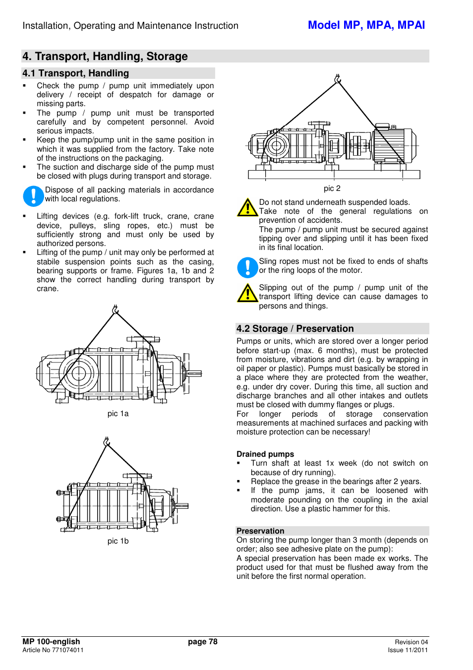 Model mp, mpa, mpai, Transport, handling, storage, 1 transport, handling | 2 storage / preservation | Xylem MPAI User Manual | Page 82 / 135