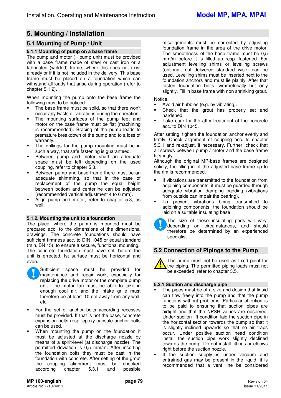 Model mp, mpa, mpai, Mounting / installation, 1 mounting of pump / unit | 2 connection of pipings to the pump | Xylem MPAI User Manual | Page 83 / 135