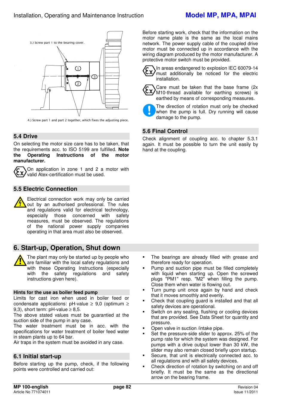Model mp, mpa, mpai, Start-up, operation, shut down, 4 drive | 5 electric connection, 6 final control, 1 initial start-up | Xylem MPAI User Manual | Page 86 / 135