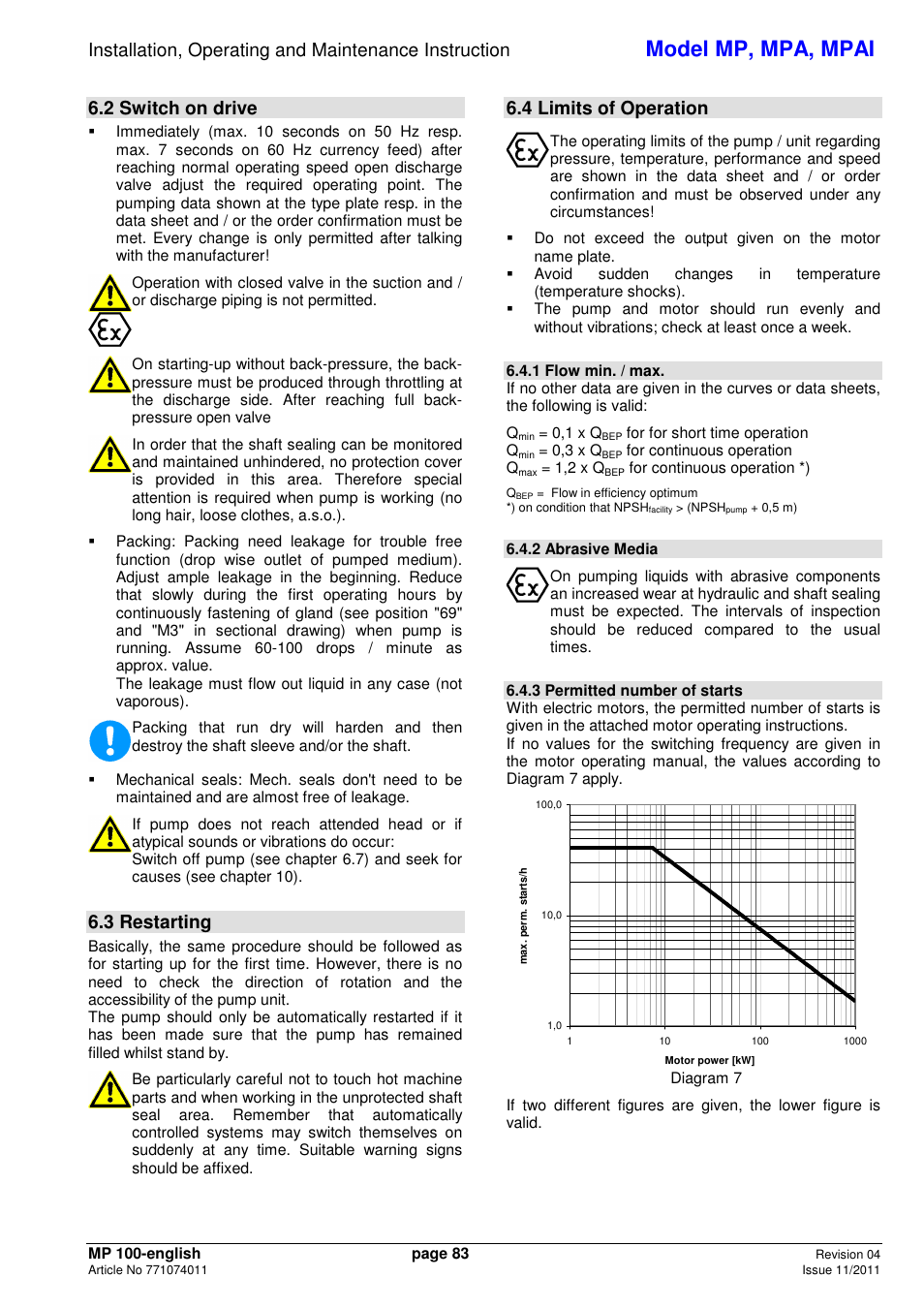 Model mp, mpa, mpai, 2 switch on drive, 3 restarting | 4 limits of operation | Xylem MPAI User Manual | Page 87 / 135
