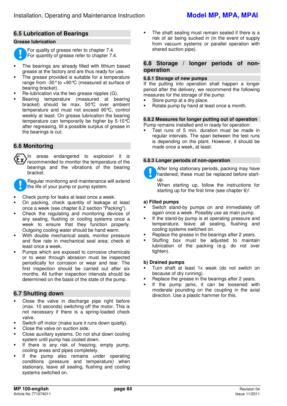 Model mp, mpa, mpai, 5 lubrication of bearings, 6 monitoring | 7 shutting down, 8 storage / longer periods of non- operation | Xylem MPAI User Manual | Page 88 / 135