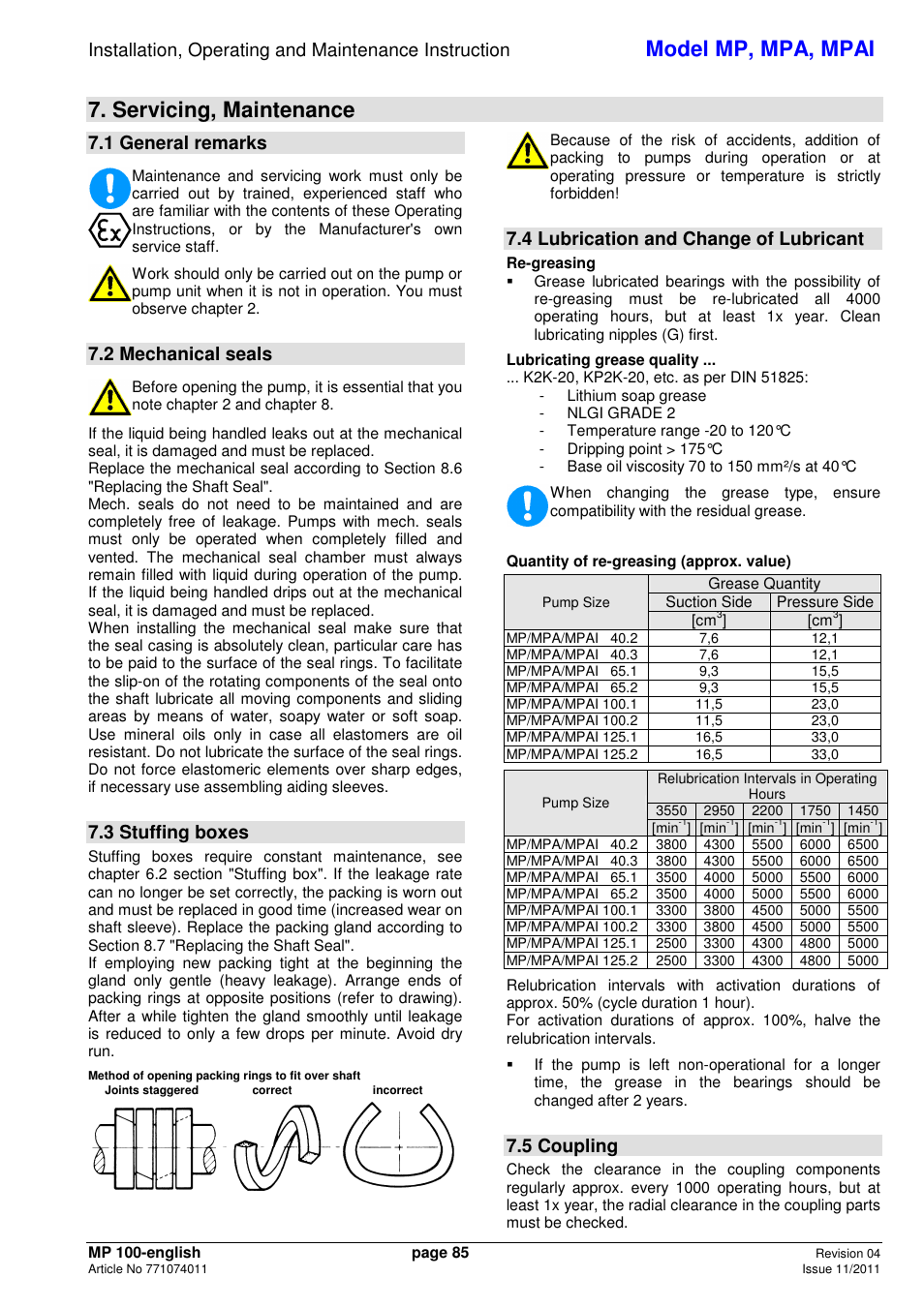 Model mp, mpa, mpai, Servicing, maintenance, 1 general remarks | 2 mechanical seals, 3 stuffing boxes, 4 lubrication and change of lubricant, 5 coupling | Xylem MPAI User Manual | Page 89 / 135