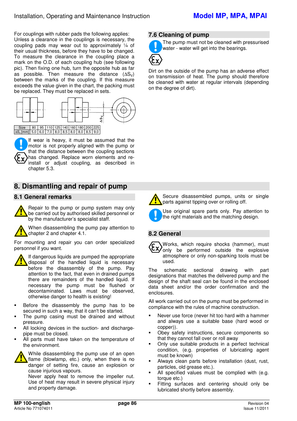 Model mp, mpa, mpai, Dismantling and repair of pump, 6 cleaning of pump | 1 general remarks, 2 general | Xylem MPAI User Manual | Page 90 / 135