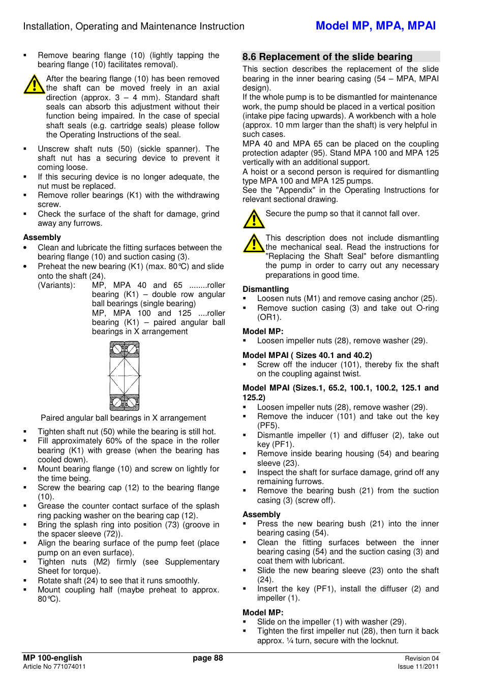 Model mp, mpa, mpai, 6 replacement of the slide bearing | Xylem MPAI User Manual | Page 92 / 135