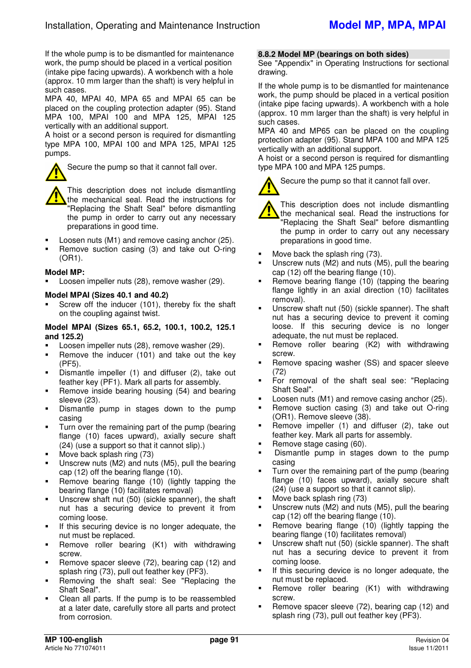 Model mp, mpa, mpai | Xylem MPAI User Manual | Page 95 / 135
