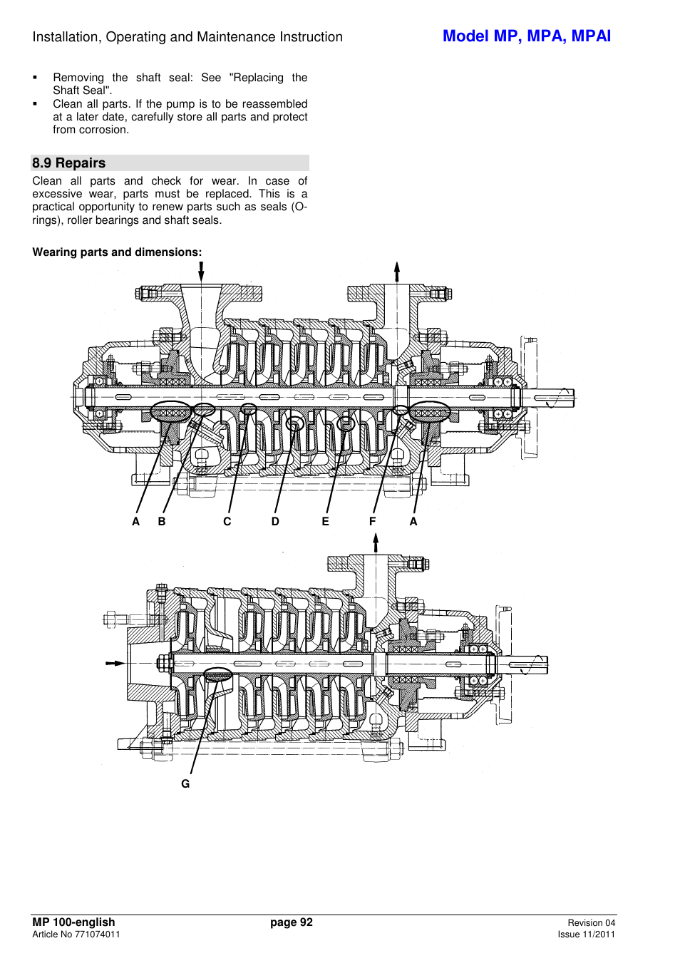 Model mp, mpa, mpai | Xylem MPAI User Manual | Page 96 / 135