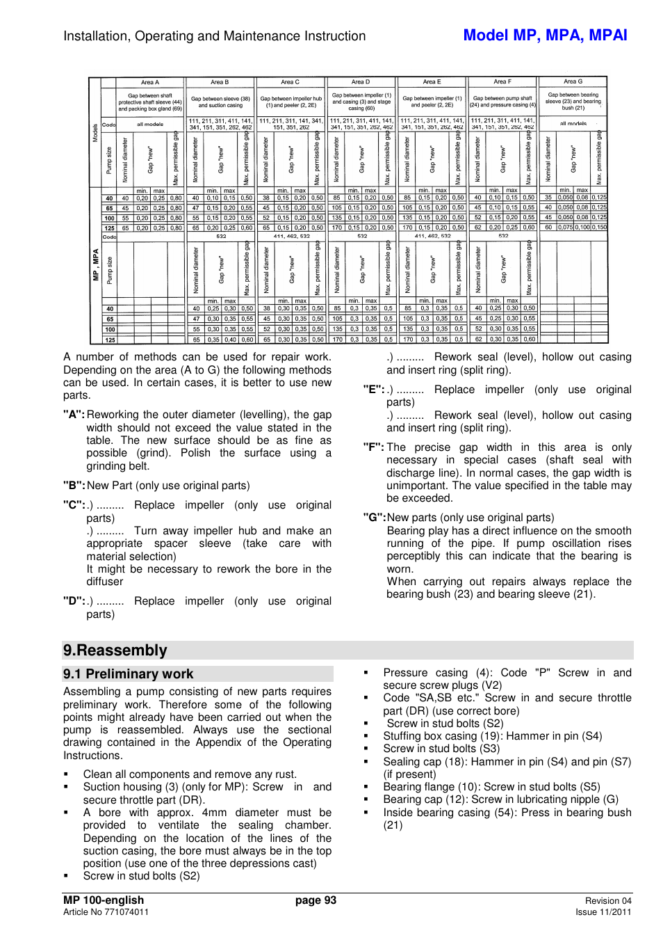 Model mp, mpa, mpai, Reassembly, 1 preliminary work | Xylem MPAI User Manual | Page 97 / 135