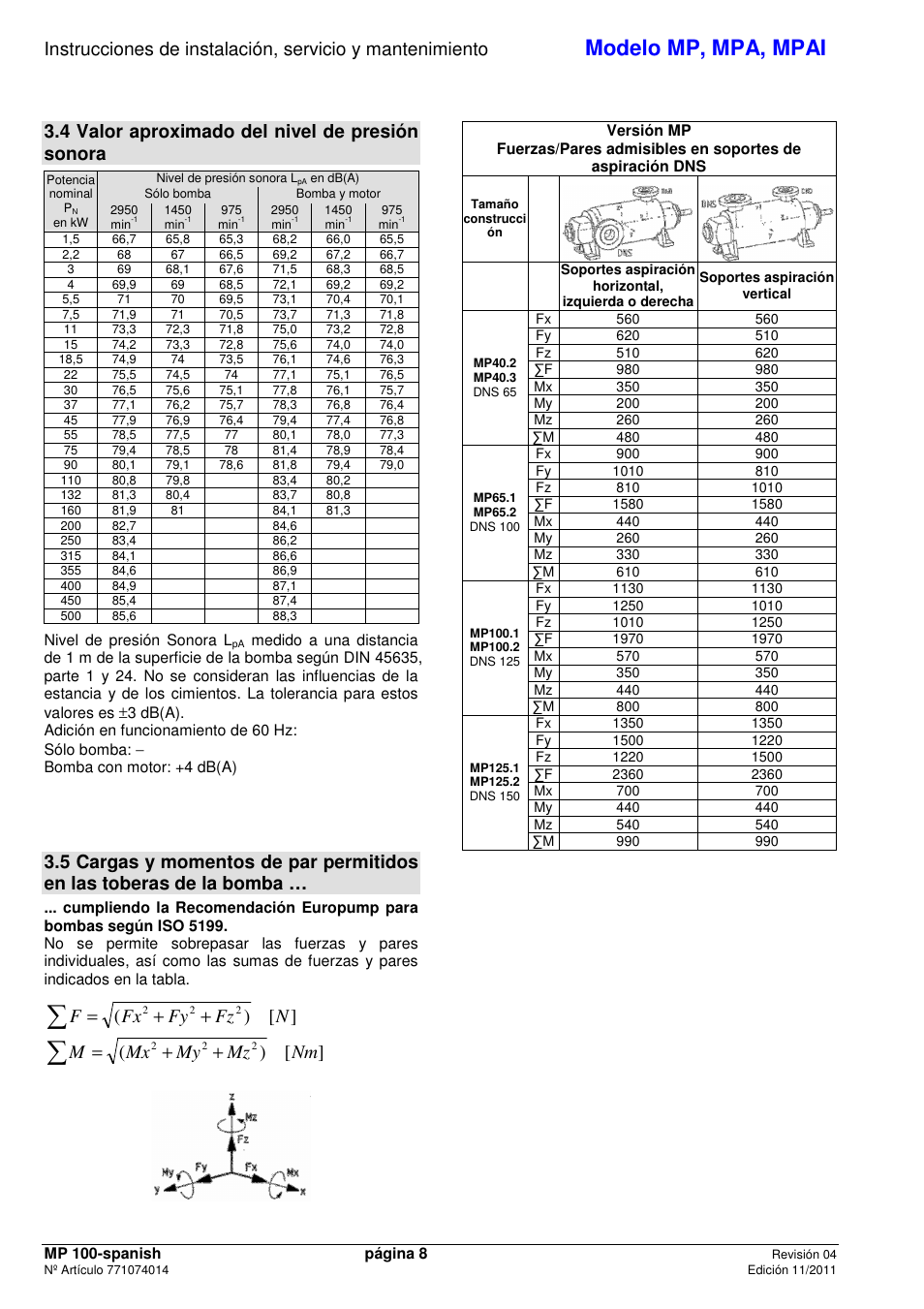 Modelo mp, mpa, mpai, 4 valor aproximado del nivel de presión sonora, Nfz fy fx f | Nm mz my mx m | Xylem MPAI User Manual | Page 10 / 67