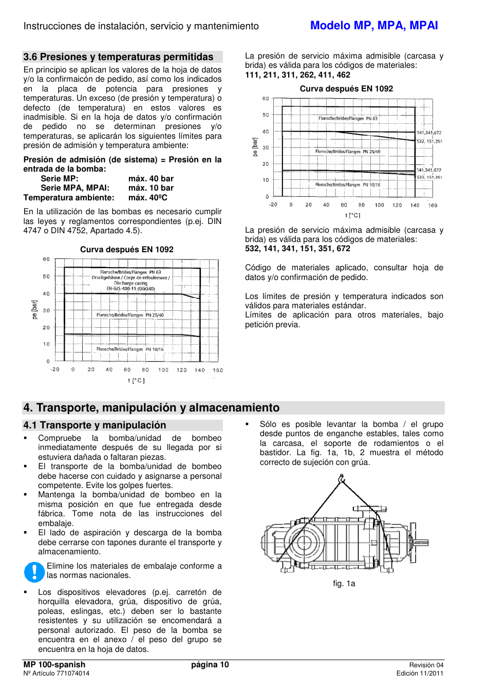 Modelo mp, mpa, mpai, Transporte, manipulación y almacenamiento, 6 presiones y temperaturas permitidas | 1 transporte y manipulación | Xylem MPAI User Manual | Page 12 / 67