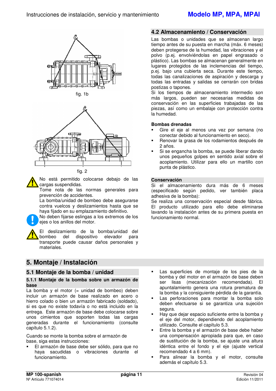 Modelo mp, mpa, mpai, Montaje / instalación, 2 almacenamiento / conservación | 1 montaje de la bomba / unidad | Xylem MPAI User Manual | Page 13 / 67