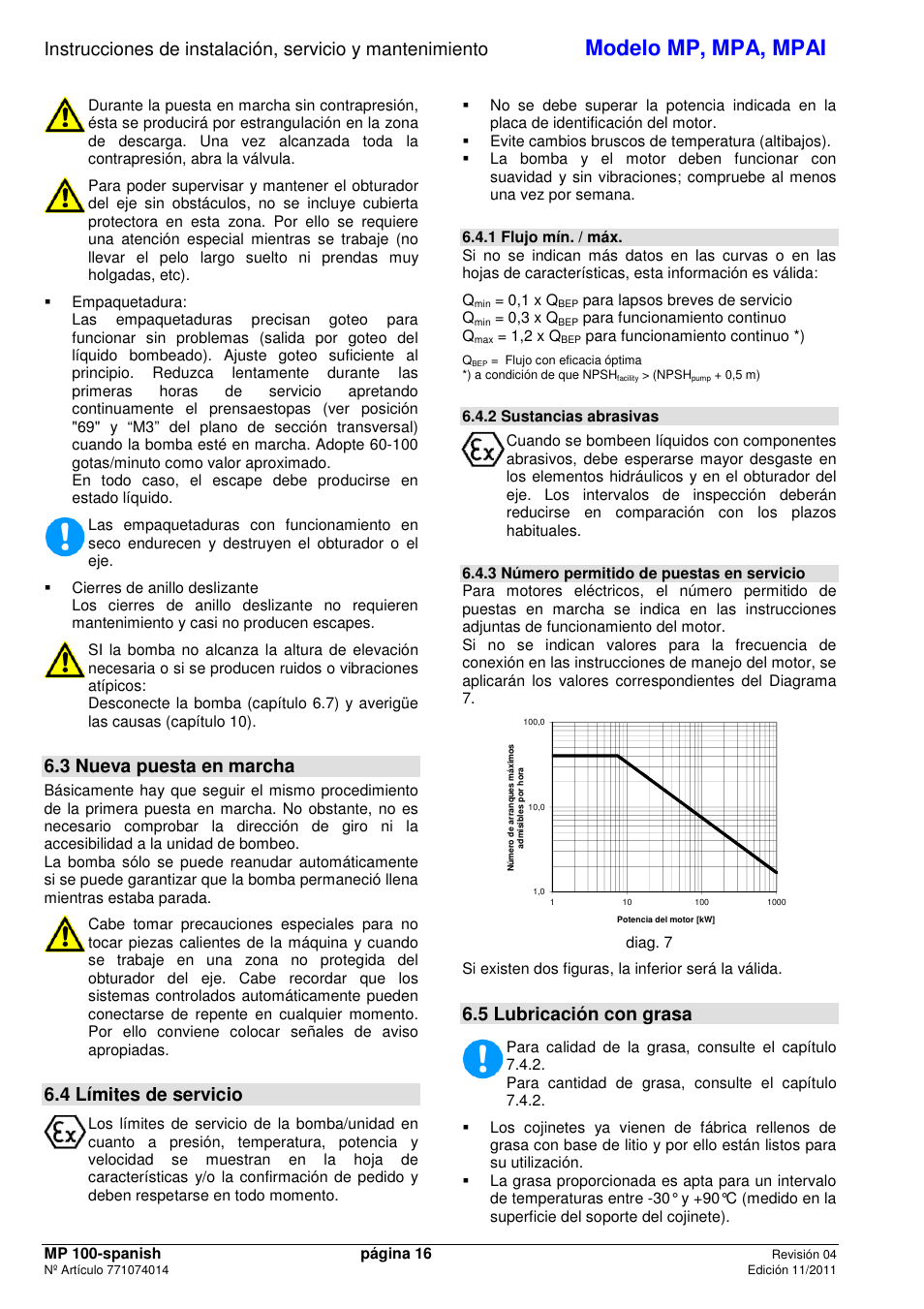 Modelo mp, mpa, mpai, 3 nueva puesta en marcha, 4 límites de servicio | 5 lubricación con grasa | Xylem MPAI User Manual | Page 18 / 67