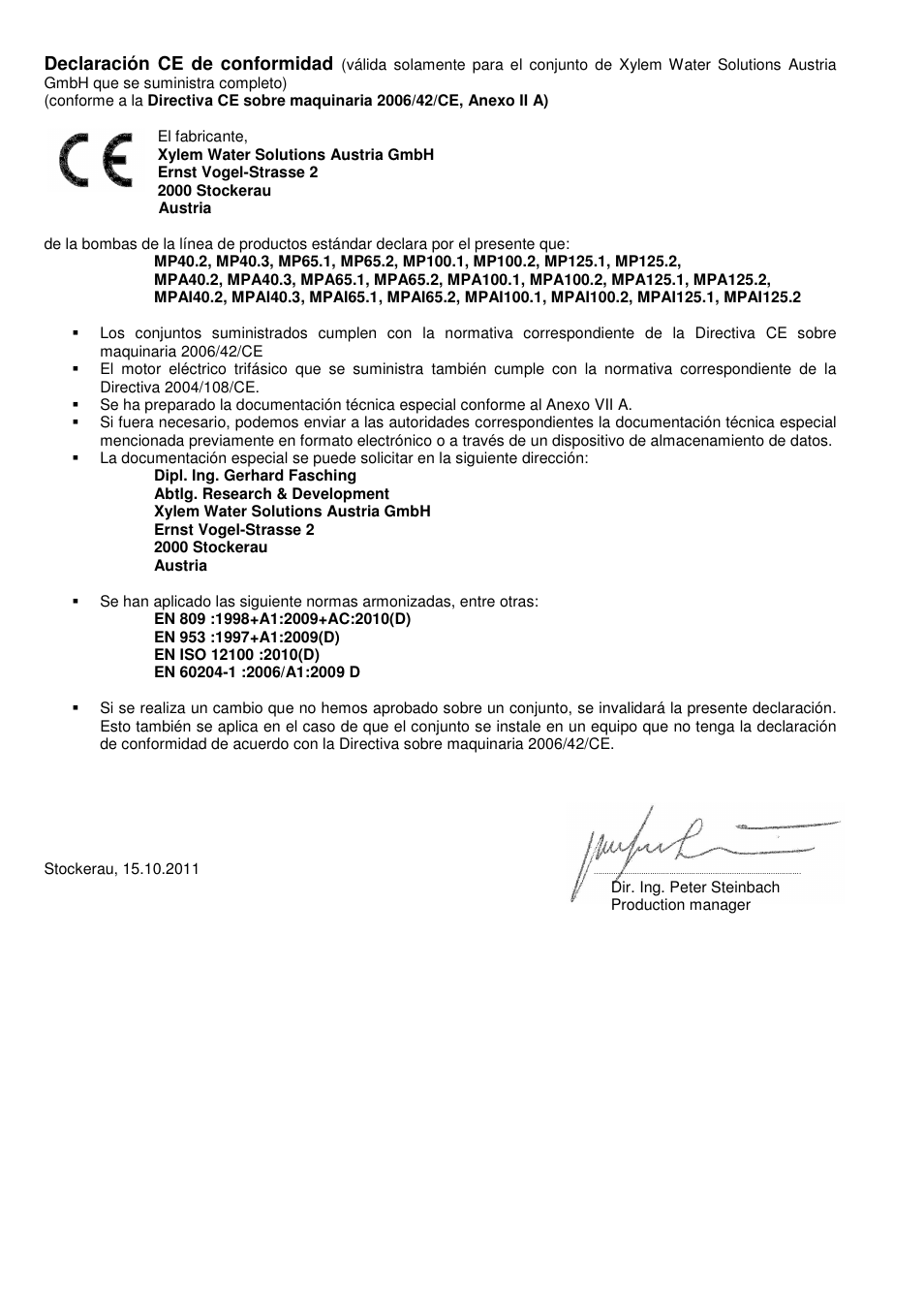 Declaración ce de conformidad | Xylem MPAI User Manual | Page 2 / 67
