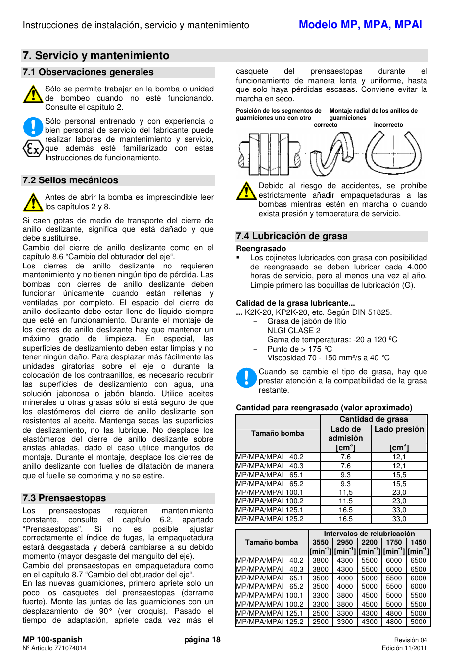 Modelo mp, mpa, mpai, Servicio y mantenimiento, 1 observaciones generales | 2 sellos mecánicos, 3 prensaestopas, 4 lubricación de grasa | Xylem MPAI User Manual | Page 20 / 67