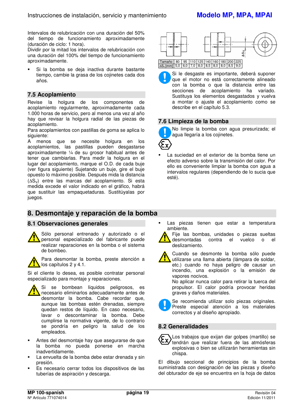 Modelo mp, mpa, mpai, Desmontaje y reparación de la bomba, 5 acoplamiento | 6 limpieza de la bomba, 1 observaciones generales, 2 generalidades | Xylem MPAI User Manual | Page 21 / 67