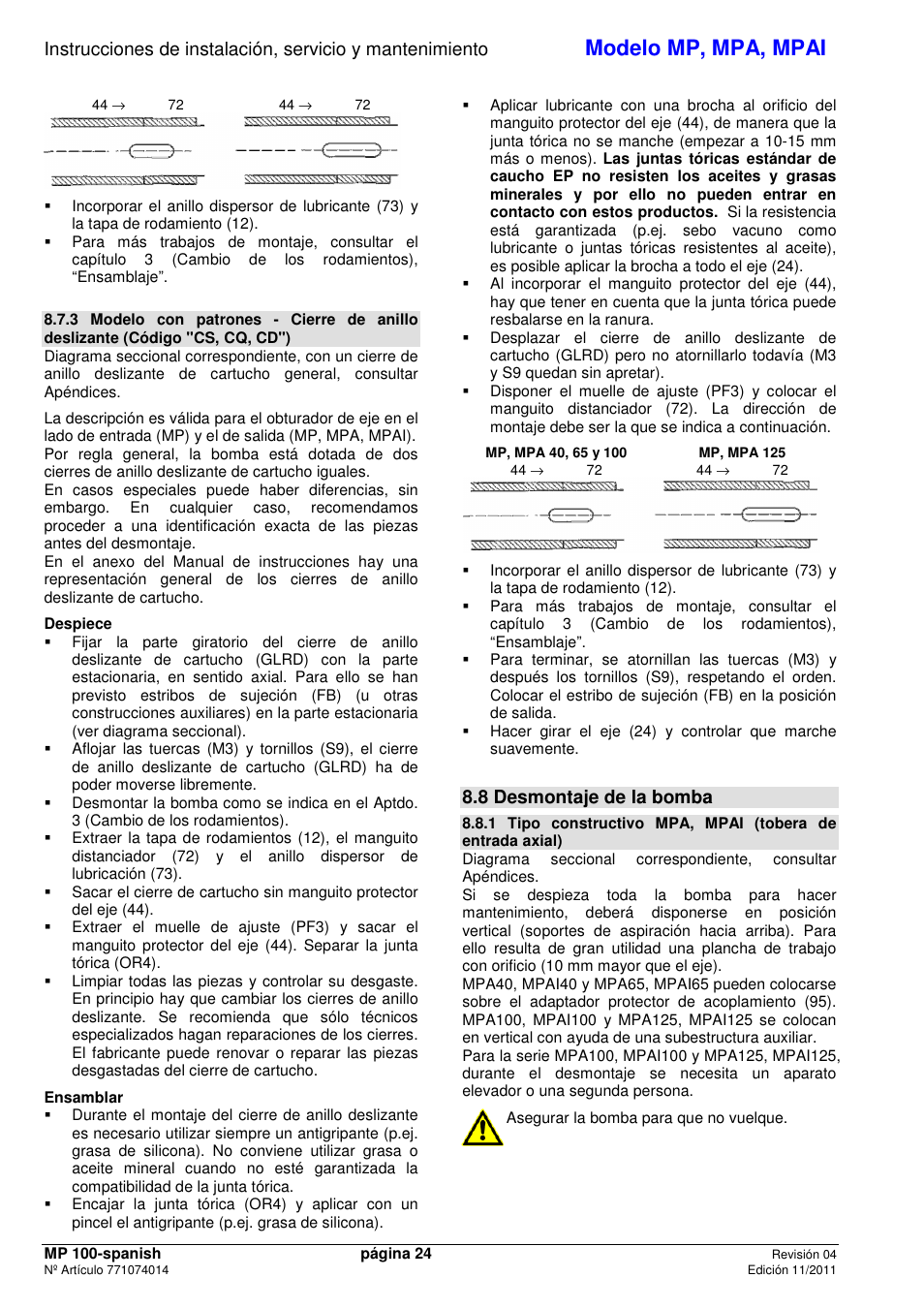 Modelo mp, mpa, mpai, 8 desmontaje de la bomba | Xylem MPAI User Manual | Page 26 / 67