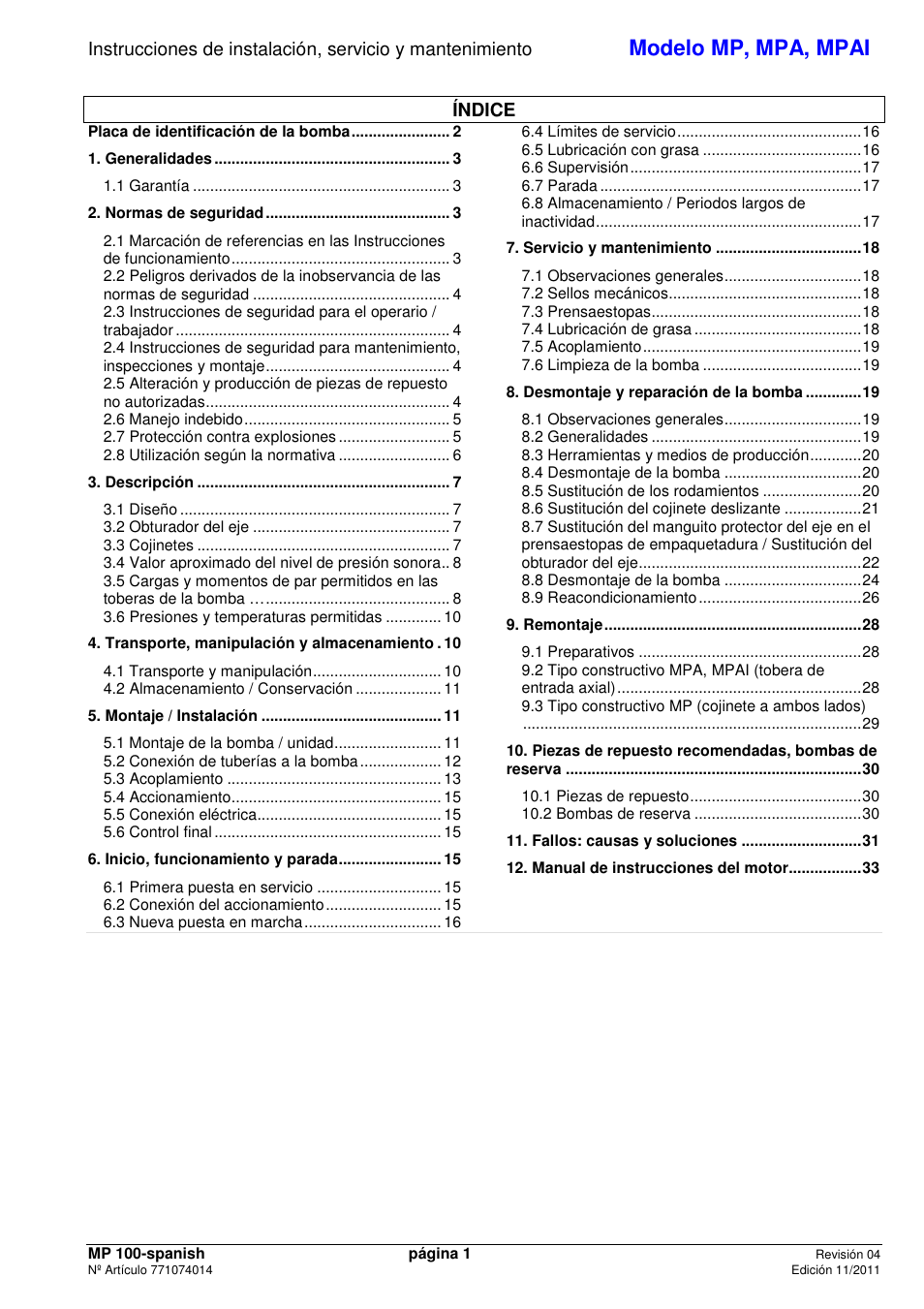 Modelo mp, mpa, mpai | Xylem MPAI User Manual | Page 3 / 67