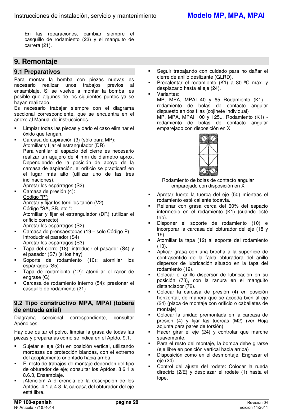 Modelo mp, mpa, mpai, Remontaje, 1 preparativos | Xylem MPAI User Manual | Page 30 / 67