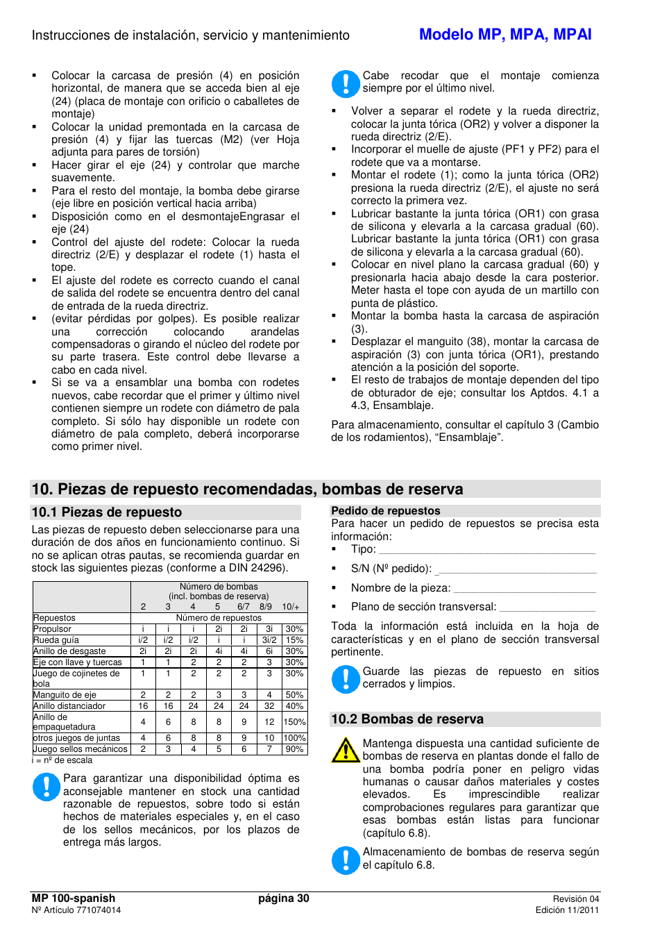 Modelo mp, mpa, mpai, Piezas de repuesto recomendadas, bombas de reserva, 1 piezas de repuesto | 2 bombas de reserva | Xylem MPAI User Manual | Page 32 / 67