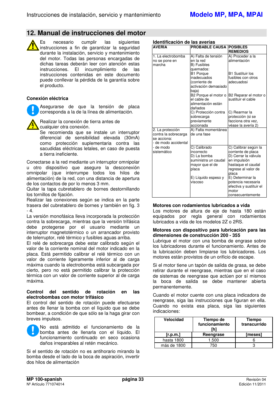 Modelo mp, mpa, mpai, Manual de instrucciones del motor | Xylem MPAI User Manual | Page 35 / 67