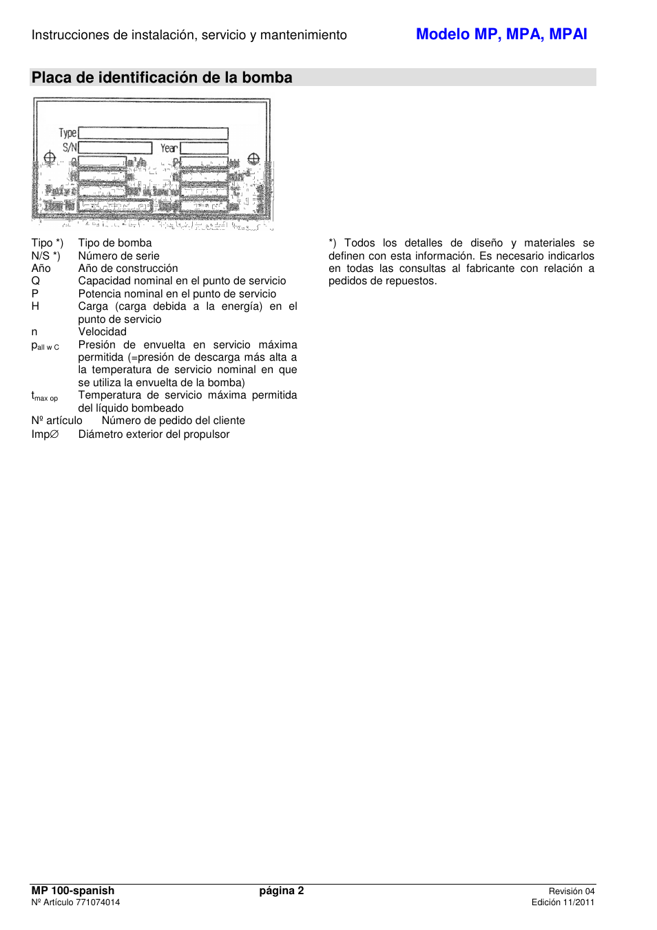 Modelo mp, mpa, mpai, Placa de identificación de la bomba | Xylem MPAI User Manual | Page 4 / 67