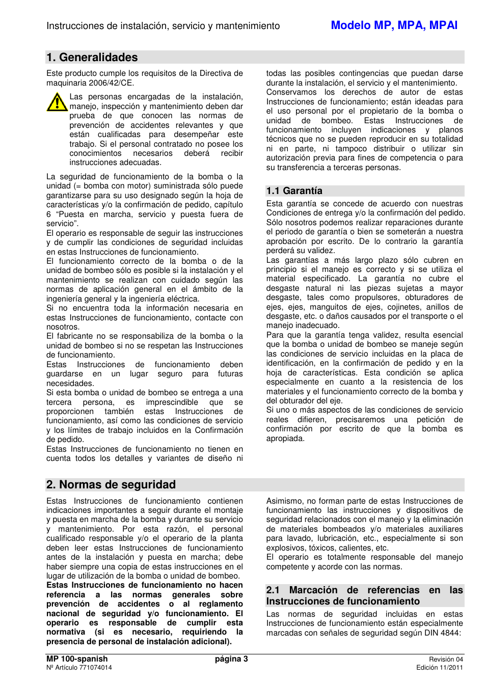 Modelo mp, mpa, mpai, Generalidades, Normas de seguridad | 1 garantía | Xylem MPAI User Manual | Page 5 / 67
