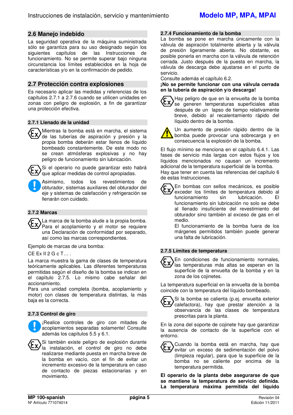 Modelo mp, mpa, mpai, 6 manejo indebido, 7 protección contra explosiones | Xylem MPAI User Manual | Page 7 / 67