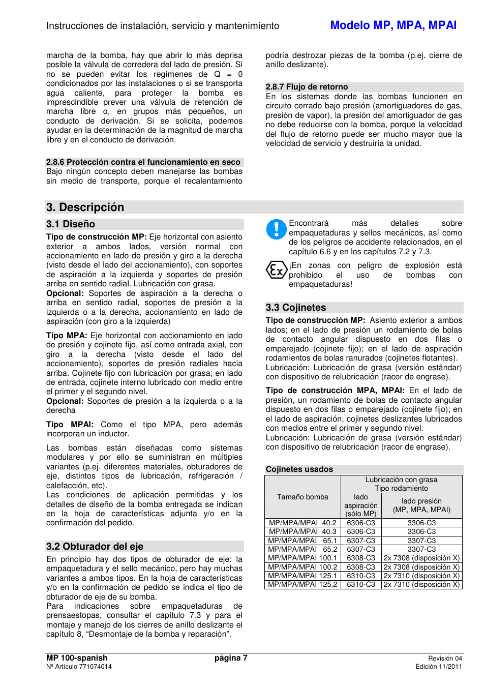 Modelo mp, mpa, mpai, Descripción, 1 diseño | 2 obturador del eje, 3 cojinetes | Xylem MPAI User Manual | Page 9 / 67