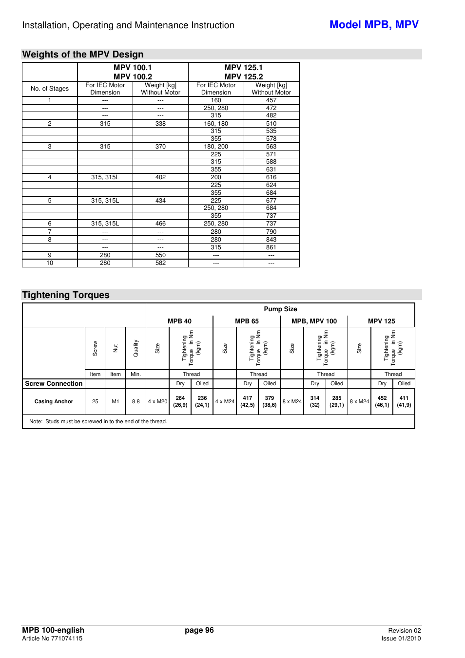 Model mpb, mpv, Weights of the mpv design, Tightening torques | Xylem MPV User Manual | Page 100 / 122