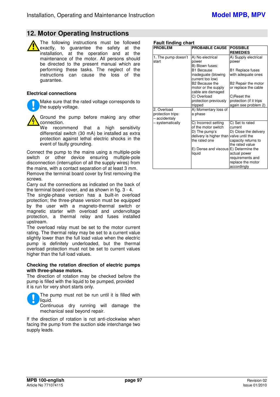 Model mpb, mpv, Motor operating instructions | Xylem MPV User Manual | Page 101 / 122