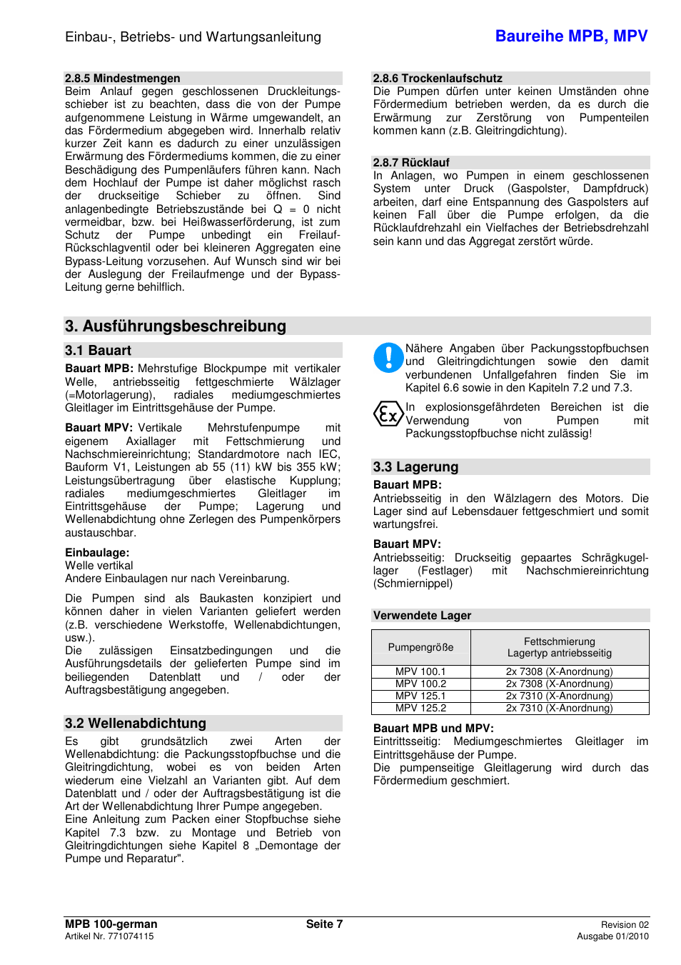 Baureihe mpb, mpv, Ausführungsbeschreibung, Einbau-, betriebs- und wartungsanleitung | 1 bauart, 2 wellenabdichtung, 3 lagerung | Xylem MPV User Manual | Page 11 / 122