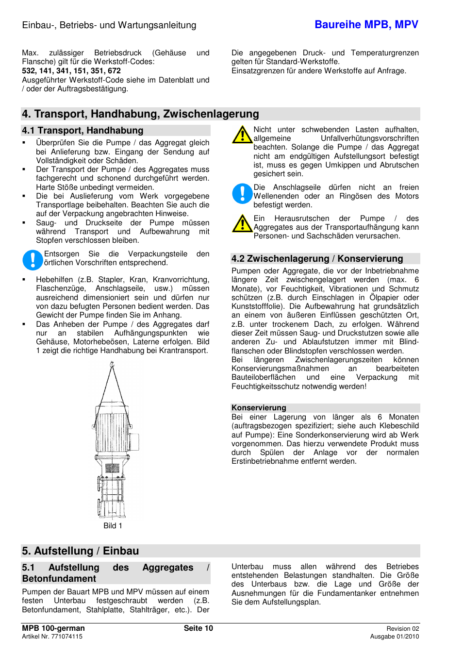 Baureihe mpb, mpv, Transport, handhabung, zwischenlagerung, Aufstellung / einbau | Einbau-, betriebs- und wartungsanleitung, 1 transport, handhabung, 2 zwischenlagerung / konservierung, 1 aufstellung des aggregates / betonfundament | Xylem MPV User Manual | Page 14 / 122