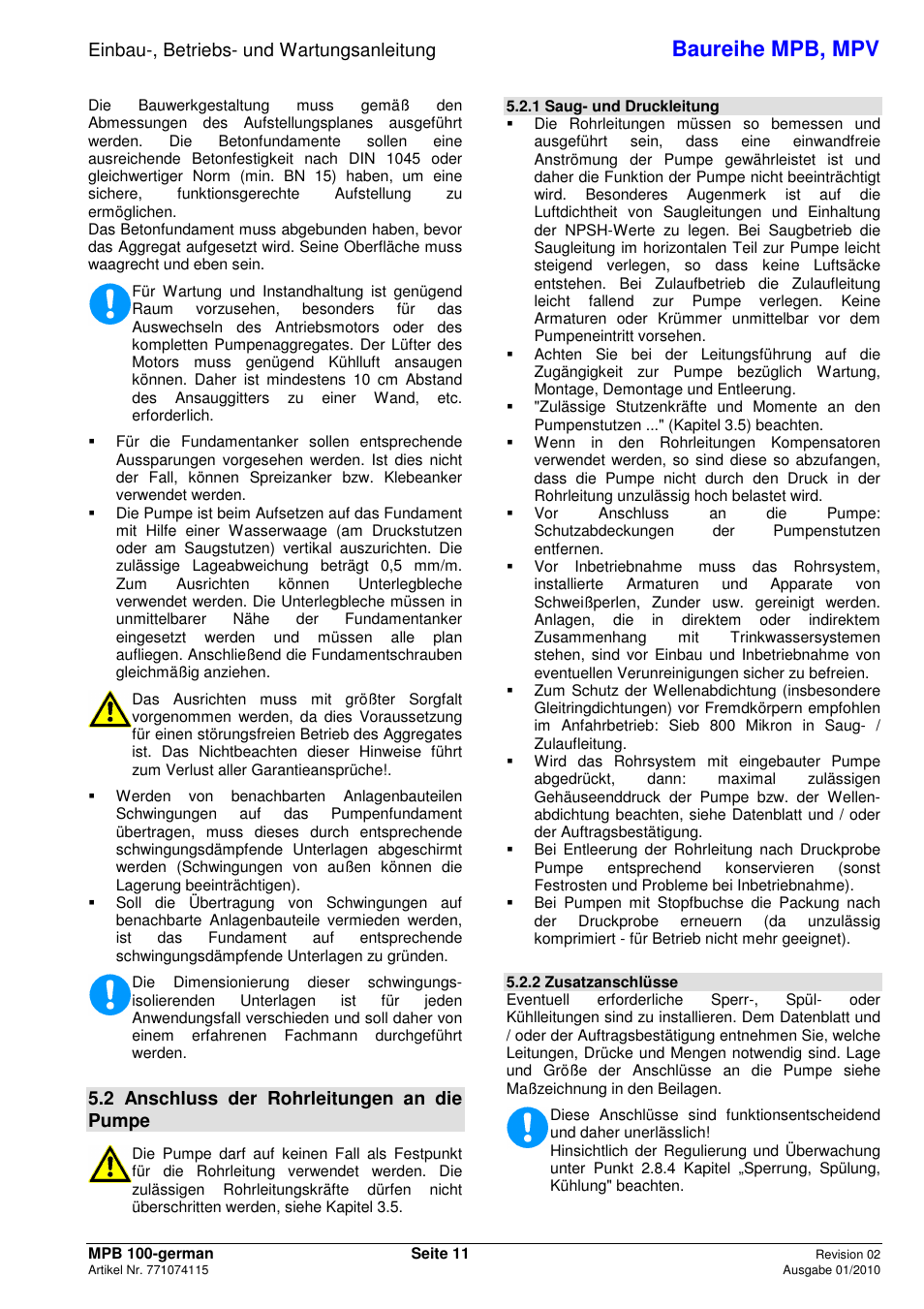 Baureihe mpb, mpv, Einbau-, betriebs- und wartungsanleitung, 2 anschluss der rohrleitungen an die pumpe | Xylem MPV User Manual | Page 15 / 122