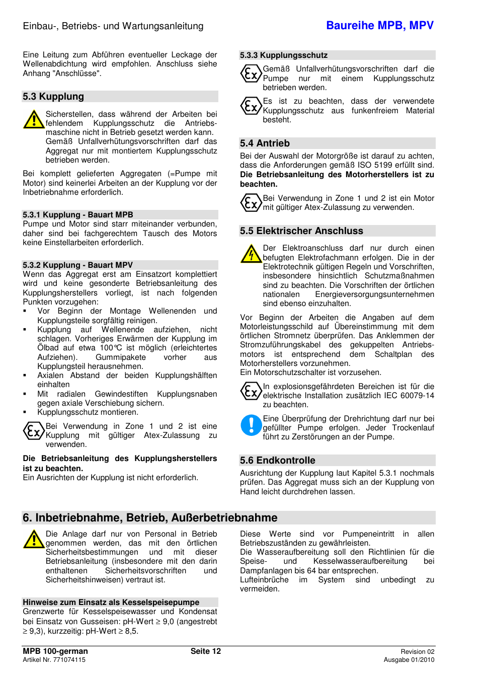 Baureihe mpb, mpv, Inbetriebnahme, betrieb, außerbetriebnahme, Einbau-, betriebs- und wartungsanleitung | 3 kupplung, 4 antrieb, 5 elektrischer anschluss, 6 endkontrolle | Xylem MPV User Manual | Page 16 / 122