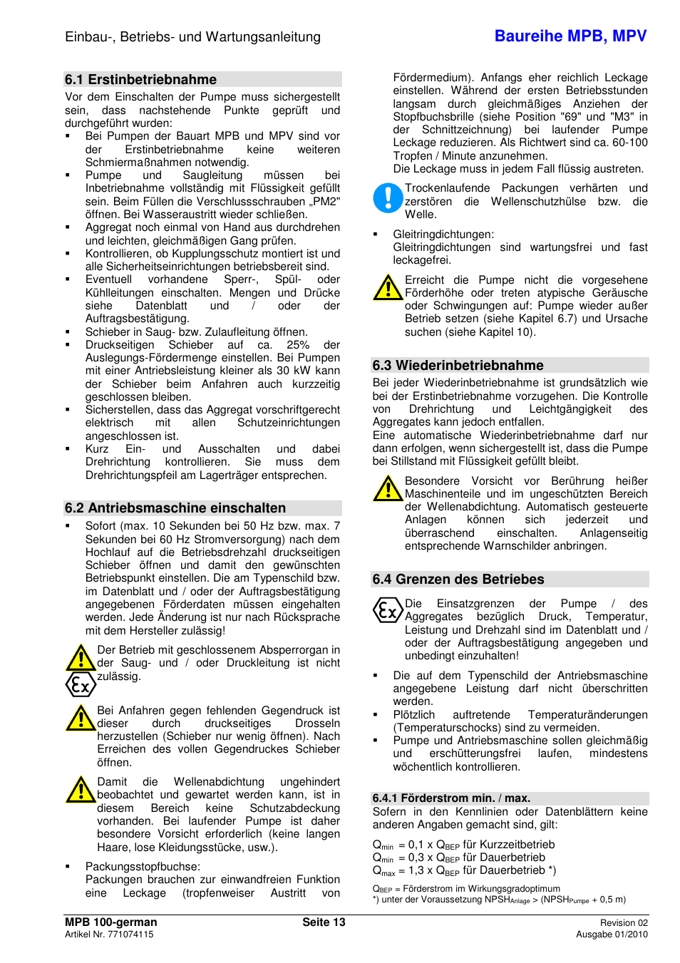 Baureihe mpb, mpv, Einbau-, betriebs- und wartungsanleitung, 1 erstinbetriebnahme | 2 antriebsmaschine einschalten, 3 wiederinbetriebnahme, 4 grenzen des betriebes | Xylem MPV User Manual | Page 17 / 122