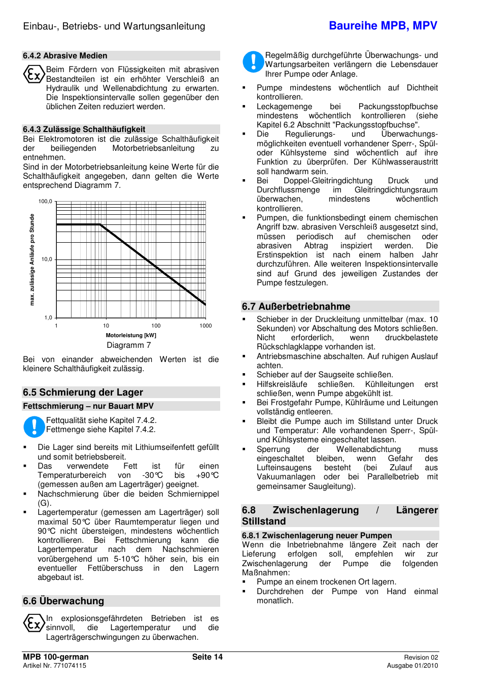 Baureihe mpb, mpv, Einbau-, betriebs- und wartungsanleitung, 5 schmierung der lager | 6 überwachung, 7 außerbetriebnahme, 8 zwischenlagerung / längerer stillstand | Xylem MPV User Manual | Page 18 / 122