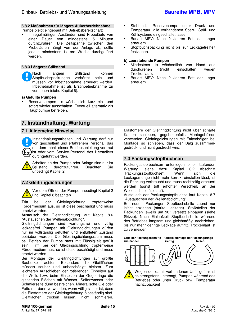 Baureihe mpb, mpv, Instandhaltung, wartung, Einbau-, betriebs- und wartungsanleitung | 1 allgemeine hinweise, 2 gleitringdichtungen, 3 packungsstopfbuchsen | Xylem MPV User Manual | Page 19 / 122
